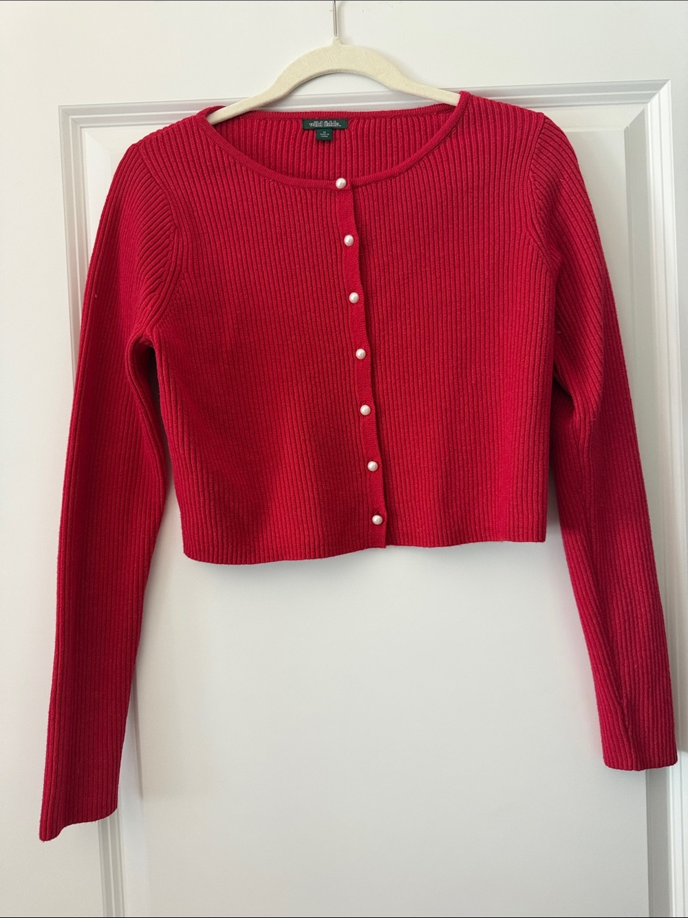 White House Black Market Red Ribbed Pearl-Button Cropped Cardigan